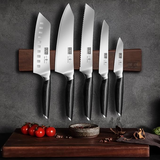 HOSHANHO Knife Set with Magnetic Knife Holder, 6 Pieces Ultra Sharp Kitchen Knife Set, High Carbon Powder Steel Chef Knives Sets with Ergonomic Pakkawood Handle
