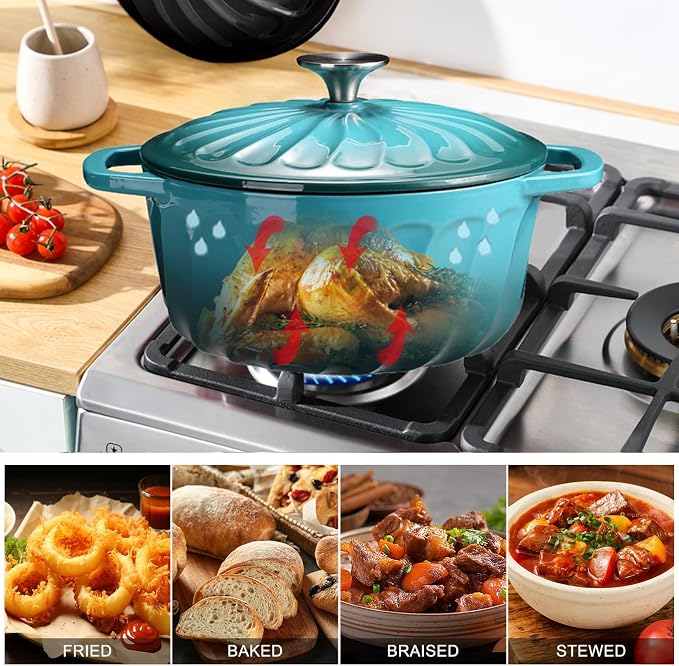 6 QT Enameled Cast Iron Dutch Oven with Lid, Non-Seasoning Enamel Coated Pot, 500°F Oven Safe, Dual Handles, Compatible with All Cooktops for Bread Baking, Braising & Stewing, White (BlueGreen, 6 QT)