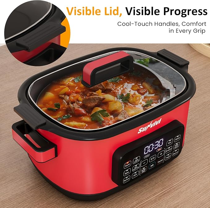 Sunvivi 12-in-1 Multi Cooker, 6.5QT Programmable Slow Cooker with Timer & Temp Control, Auto Warm Setting, Delay Start, Dishwasher Safe Lid & Removable Nonstick Crock, Stainless Steel Rack, Red