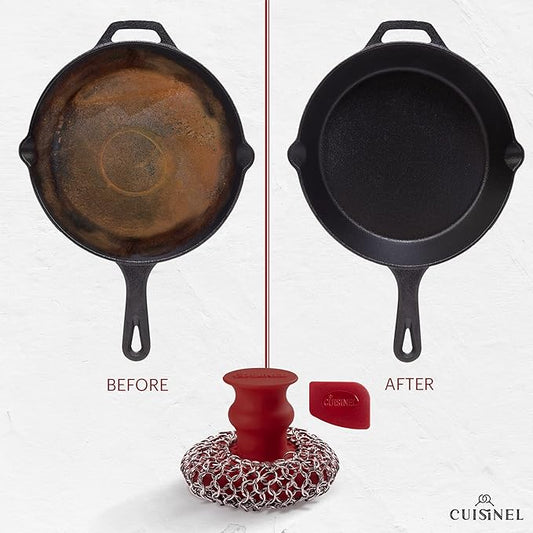 Cuisinel CAST IRON CHAINMAIL SCRUBBER AND PAN SCRAPER - DELUXE ERGONOMIC STAINLESS