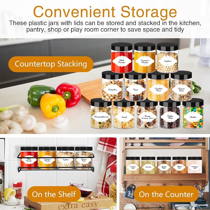 PeacePeo 8 OZ Plastic Jars with Lids, Slime Containers with Lids 48 Pcs Airtight Round Plastic Storage Jars Wide-Mouth Containers for Slime, Kitchen and Household Food Storage of Dry Goods