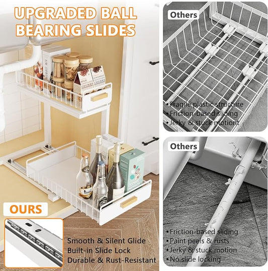 2 Pack Under Sink Organizer with Ball Bearing Sliding Drawer, Heavy Duty Pull Out Cabinet Organizer, 2 Tier Adjustable Storage Rack for Kitchen Bathroom, Space Saving Design, White
