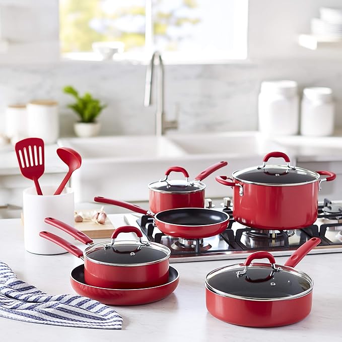 Amazon Basics Non-Stick Cookware Set, Pots and Pans with Lids, Aluminum, Dishwasher Safe, Oven Safe, Red, 12-Piece