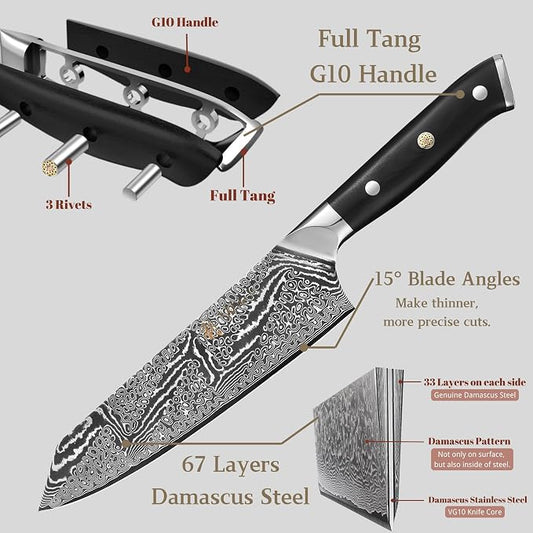 Wakoli Nitoko 3-Piece Kiritsuke Knife Set – Professional Damascus Kitchen Knives | 67-Layer VG10 Core Steel | Ergonomic G10 Handles | Japanese-Style Chef Knife Set in Wooden Gift Box