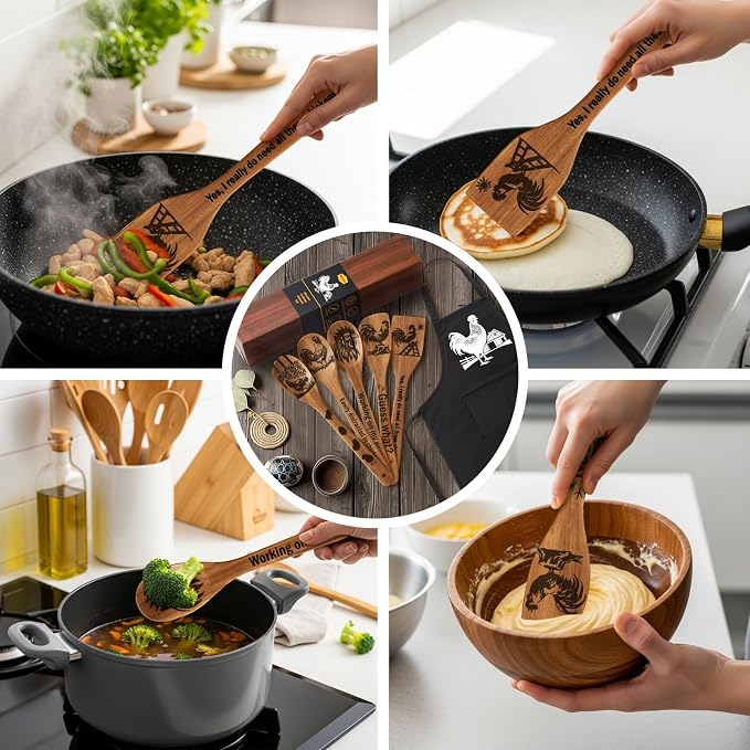Remerry 6 Pcs Rooster Gifts for Women Rooster Kitchen Gift Set with Acacia Cooking Spoons Apron Kitchen Cooking Utensils Set for Mother's Day Housewarming Gift