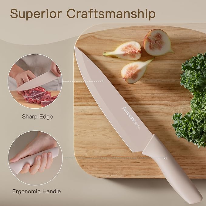 Astercook Knife Set, 13 Pieces Kitchen Knives Set with Healthy Anti-Rust Coating, Dishwasher Safe, Stainless Steel Chef Knife Sets with 6 Blade Guards, Fathers Day Gift for Men