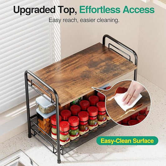 Spice Rack Organizer for Countertop with Wood Top, 2-Tier Foldable Metal Rust-Proof Standing Large Seasoning Storage Shelf with Guardrail & Mesh Design for Kitchen Cabinet Living Room, Black