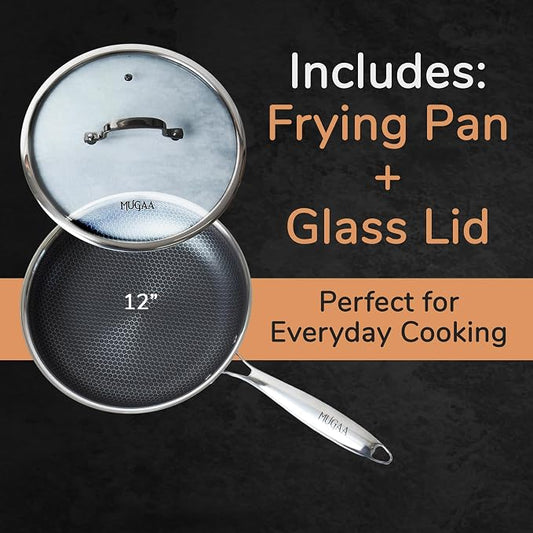 12 Inch Stainless Steel Frying Pan with Lid - Honeycomb Nonstick Skillet - PFOA-Free - Induction Compatible - Oven Safe to 450°F - Dishwasher Safe