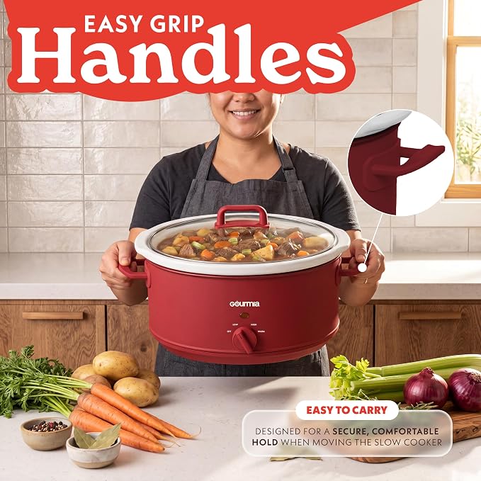 Gourmia Slow Cooker - 7 Quart Removable Ceramic Pot, Manual Controls with 3 Temperature Settings, Dishwasher Safe Crock and Glass Lid, Red