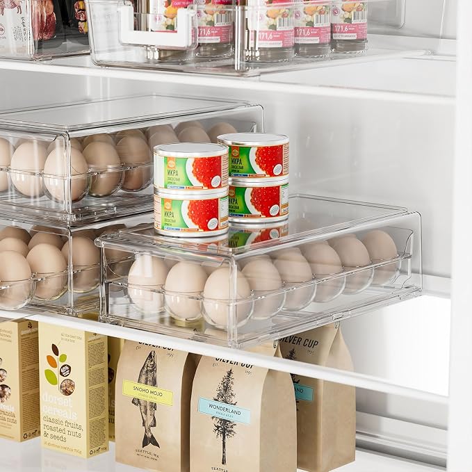 BPA Free Stackable Egg Container - 18 Egg Refrigerator Organizer with 2 Kitchen Hooks, Clear