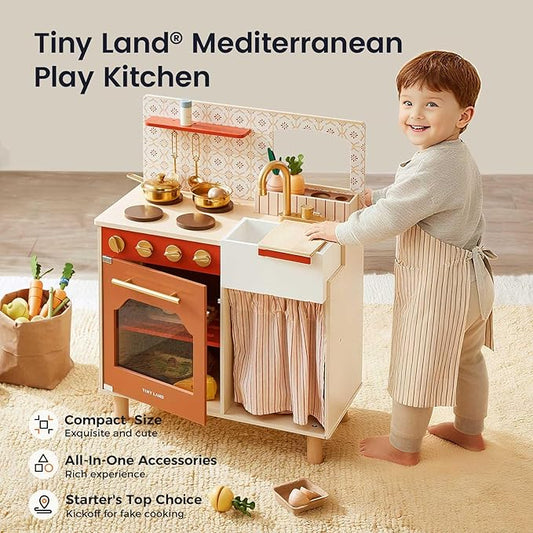 Tiny Land Play Kitchen for Toddlers, Wooden Kids Kitchen Playset with Cutting Food & Cookware, Oven, Clicking Knobs, Stove and Sink, Small Kitchen Toy Gift for Kids, Girls & Boys - Warm Retro