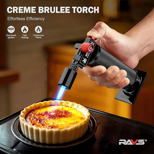 RAVS Butane torch, Kitchen Torch Lighter with Adjustable Flame & Safety Buckle, Creme Brulee Torch for Cooking, Dessert, Baking, Gifts for Men and Women (Black/Red), Butane Gas Not Included
