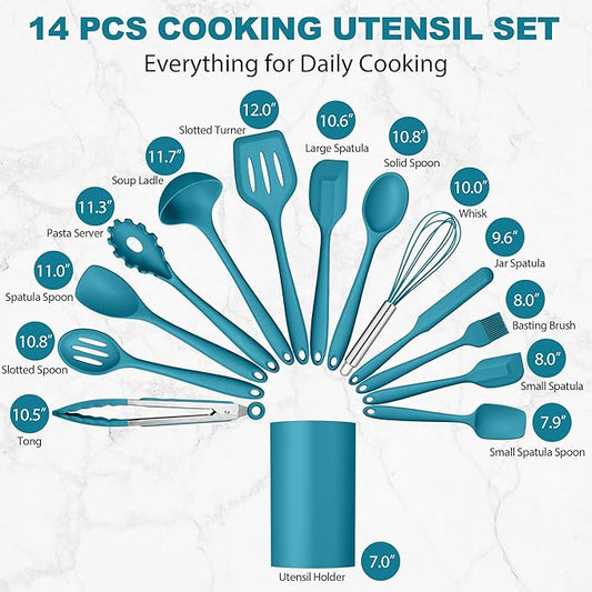 LIANYU 14 Pcs Cooking Utensils Set with Holder, Heat Resistant Silicone Kitchen Cookware Utensils Set, Kitchen Cooking Tools Includes Spatula Spoon Turner Whisk Tong, Dishwasher safe, Dark Blue