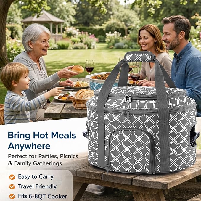 BAGSPRITE Double-layer Slow Cooker Carrying Case for Crock Pot 6-8 Quart, Insulated Crockpot Carrier with Adjustable Lid Straps,Portable Slow Cooker Travel Bag for Potluck, Parties, Family Gatherings