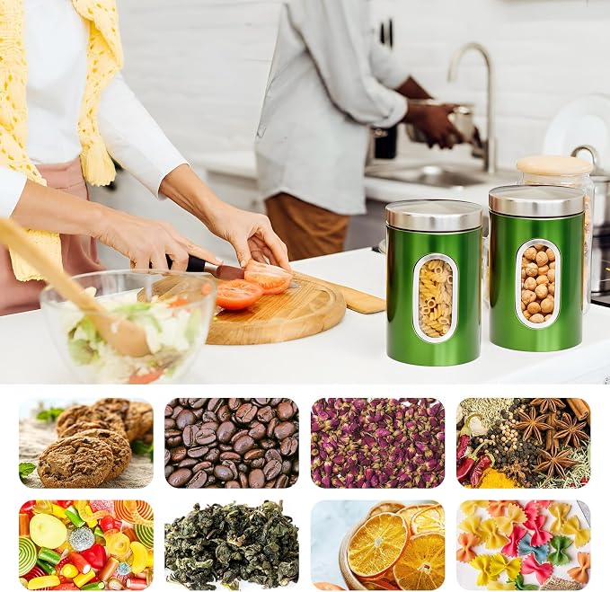 Zopeal 6 Pack Green Canisters Sets For Kitchen 50oz Stainless Steel Kitchen Canisters with Transparent Windows Flour Sugar Container Metal Jar Countertop Set for Coffee Tea Decorative