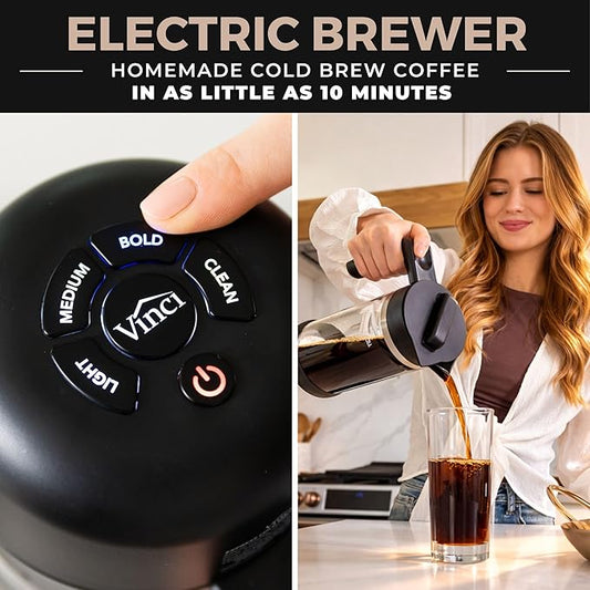 VINCI Express Cold Brew, Electric Cold Brew Coffee Maker in 10 Minutes, Glass Carafe, 3 Brew Strength Settings & Cleaning Cycle, Easy to Use & Clean 1.4 Liters Push Button Control