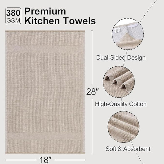 Mordimy Premium Kitchen Towels 12 Pack (18 x 28 Inches, Khaki), Large Cotton Kitchen Hand Towel, Flat & Terry Dish Towels for Drying Dishes, Super Absorbent Tea Dishtowels Set with Hanging Loop