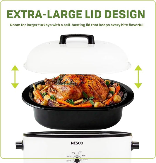 NESCO MWR18‑14 Electric Roaster Oven for Family‑Size Meals, White 18‑Quart Countertop Roaster with Adjustable Temperature Control