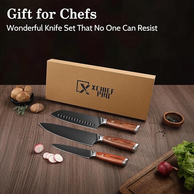 Kitchen Knife Set, 3 Pieces Japanese High Carbon Stainless Steel Chef Cooking Knife Set, Ultra Sharp Professional Chef Santoku Utility Knives (Black)