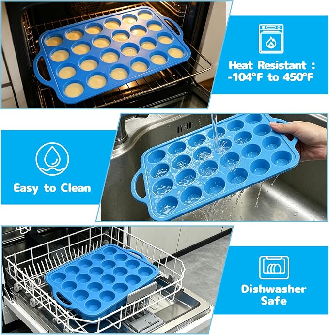 2 Pack Silicone Mini Muffin Pan with Stainless Steel Reinforced Frame 24 Cups Nonstick Mini Cupcake Pans with Handle for Baking Muffins, Cupcakes, Egg Bites, Dishwasher Safe
