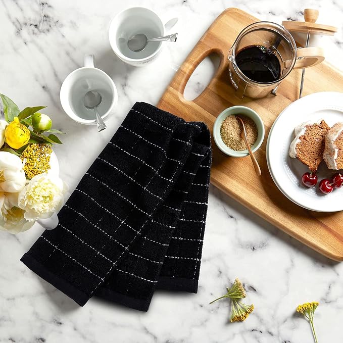 Mordimy 100% Cotton Terrycloth Kitchen Towels and Dishcloths Sets, Soft and Absorbent Checkered Dish Towels, Quick Drying Dish Rags for Washing Dishes, 4 Pack 16" x 26" & 4 Pack 12" x 12", Black