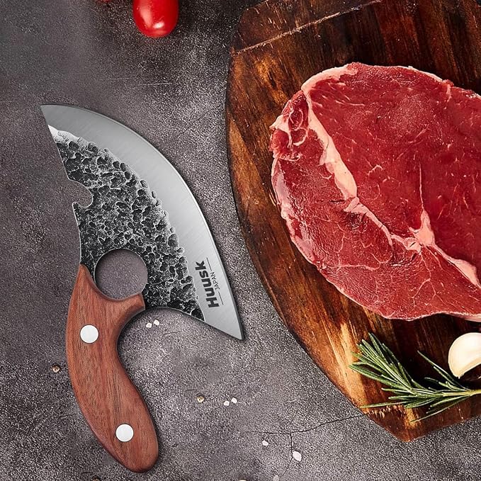 Huusk Knives, Viking Boning Knife for Meat Cutting, Small Ulu Knife, Hand Forged Full Tang Caveman Ultimo Knives for Kitchen or Camping Christmas Gift for Men and Women