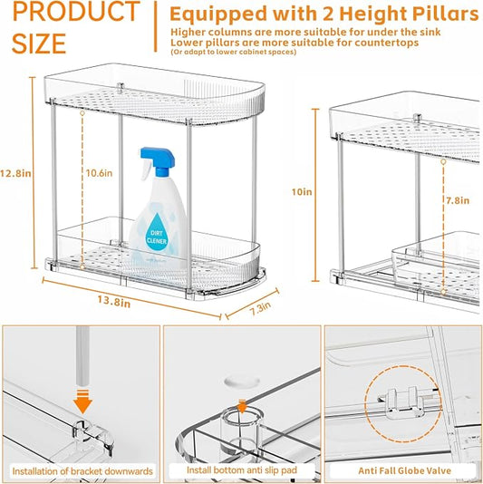 2 Pack Large Pull Out Bathroom Organizers and Storage,2 Tier 12.8โณ Tall Sliding Kitchen Under Sink Organizer for Cleaning Products Storage,Acrylic Clear Bathroom inder Sink Organizer,Undersink Storage