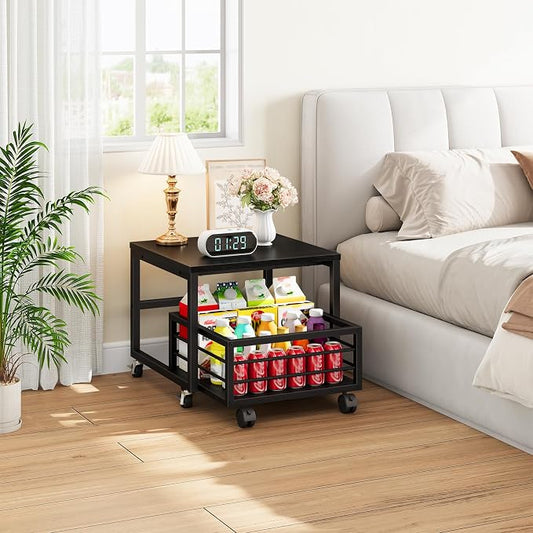 HOOBRO End Table, Mini Fridge Stand with Storage, Mini Fridge Table with Wheels and Adjustable Feet, Sturdy Metal Frame, for Living Room, Bedroom, Office, Black BB155TL01