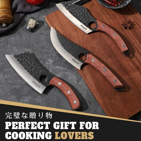 Huusk Butcher Knife Set of 3- Japanese Knife Set for Meat Cutting, Hand Forged Viking Knives Sets with Meat Cleaver, Heavy-Duty Kitchen Knives Sets for Bone BBQ Vegetable, Fathers' Day Gift for Dad