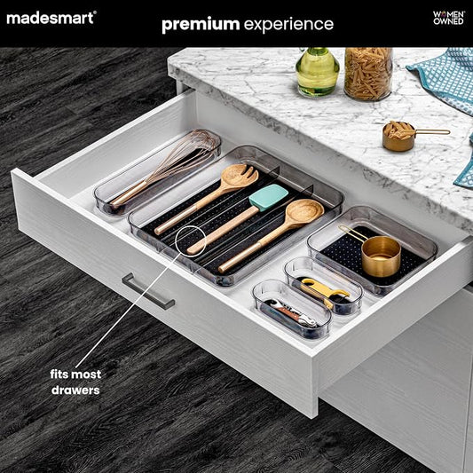 madesmart Premium 3 Compartment Clear Drawer Organizer, Multi-Purpose Storage with Soft Grip Lining & Non Slip Base, Carbon