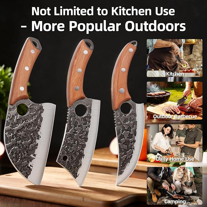 Fathers Day Gift for Men Dad, 3PCS Butcher Knife Set, Hand Forged Serbian Chef Knives & Meat Cleaver & Viking Knives, Meat Cutting Kitchen Knife Set for Home, Outdoor Cooking, Camping BBQ