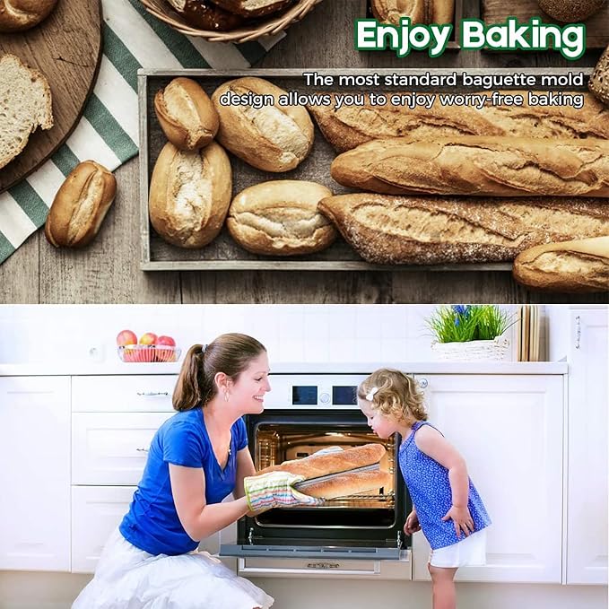 Baguette Pans for Baking 15" x 11", 3 Loaf Carbon Steel French Bread Pan Nonstick Perforated Baguette Baking Tray Silver