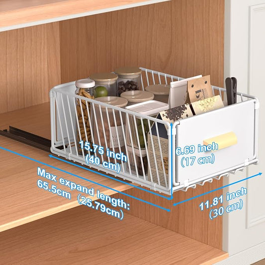 MEKOTRICIN Pull Out Cabinet Organizer, Slide Out Drawer Organizers Storage Fixed with Adhesive,Sliding Pantry Shelves with Handle for Kitchen Cupboard Bathroom Home, 11.8x6.7in, White