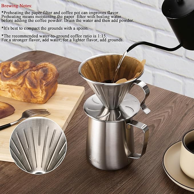 Lalord Pour Over Coffee Maker, 304 Stainless Steel wIth 100 pcs Size 02 Paper Filters (Coffee Dripper)