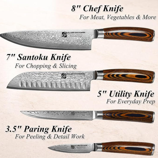 4Pcs Damascus Knife Set, VG10 Steel Core Damascus Kitchen Knife Set with G10 Handle, 8" Chef, 7" Santoku, 5" Utility & 3.5" Paring Knife for Cooking Enthusiasts & Restaurants