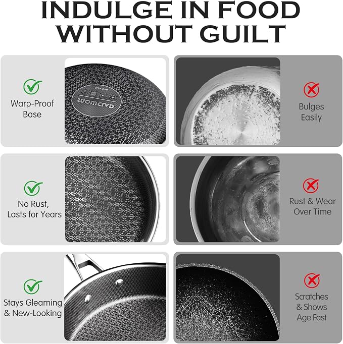 SNOWCLAD Pots and Pans Set Non Stick, 14 Pcs Hybrid Stainless Steel Cookware Sets, Non Stick Frying Pans, Saucepans, Saute Pan & Stock Pot, PFOA Free Kitchen Skillet,Induction Compatible