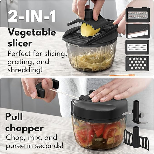 LEBENLANG Manual Food Processor & Onion Chopper - 26 OZ incl. Useful Acessory I BPA-Free I Manual Food Chopper with pull string for garlic & veggie chop I Food mincer vegetable cutter hand pull held