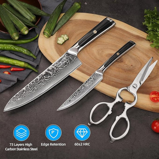 Sunnecko Kitchen Knife Set of 3, Chef Knife Set Damascus Steel Knives Set for Kitchen Sharp VG10 Corn, Full Tang with Gift Box