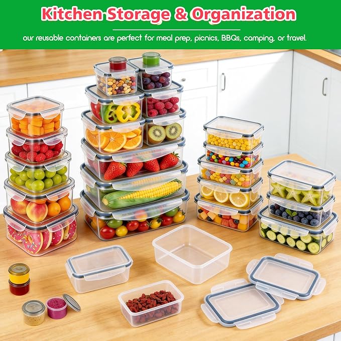 62PCS Thicker Food Storage Containers with Lids Airtight Leakproof, BPA Free Plastic Kitchen Food Storage Containers, Stackable Reusable Meal Prep Food Containers with Lids, Freezer Microwave Safe