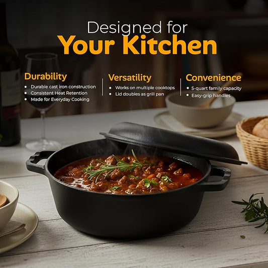 KICHLY Cast Iron Dutch Oven with Dual Purpose Skillet Lid, 5.QT Cast Iron Pot with 10.6 in Griddle Pan, Pre-Seasoned Heavy Duty Pot for Bread Baking, Roasting, Braising & Outdoor Camping Cooking, Black