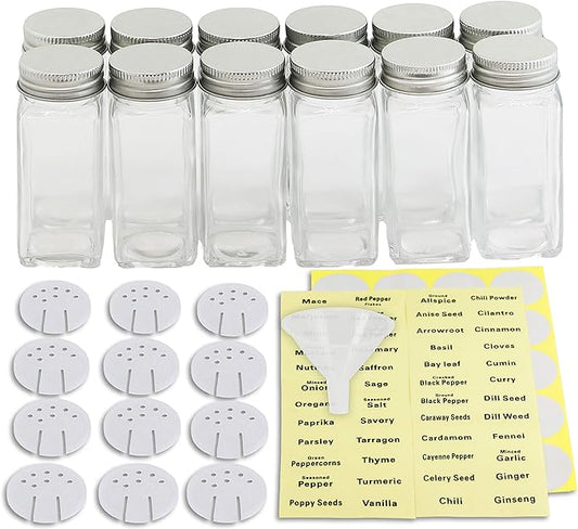 Simple Houseware Spice Jars 4 Ounce Square Glass Bottles with Shaker Lids, Funnel and Labels for Seasoning & Storage, 12 Pack