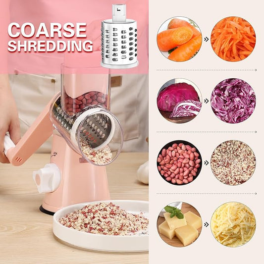 Cambom Rotary Cheese Grater Hand Crank Cheese Shredder for Fresh Cheese, Vegetable, Nuts,Non-slip Suction Base,Three Blades,Pink