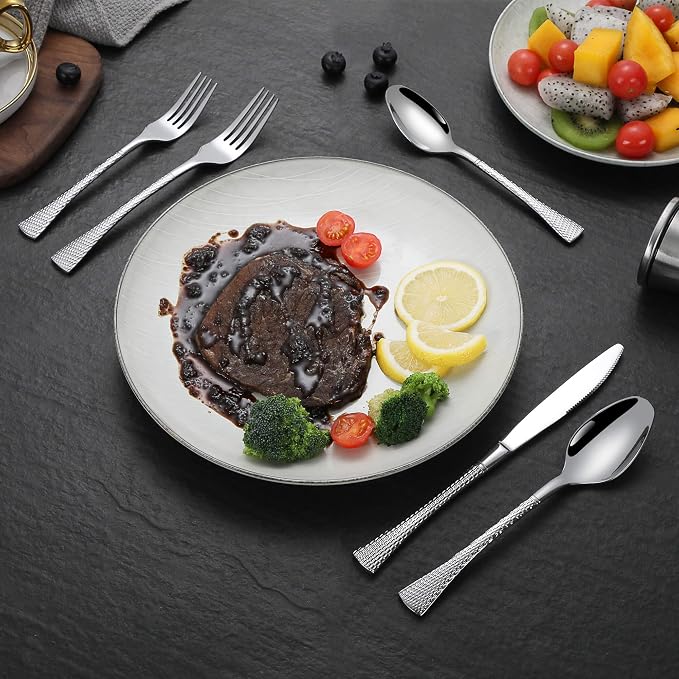 Lemeya Hammered Silver Silverware Set for 8,Stainless Steel 40-Piece Modern Cutlery Set,Mirror Polished Heavy Duty Flatware Set Utensil Set,Knives Spoons and Forks Set,Dishwasher Safe