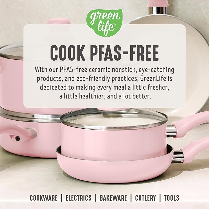 GreenLife 16-Piece Nonstick Cookware Set, Non-Toxic Ceramic Pots and Pans Set, Durable Healthy Kitchen Essentials, Fast Heating, Induction Ready, Easy Clean Dishwasher Safe, PFAS-Free, Blush Pink