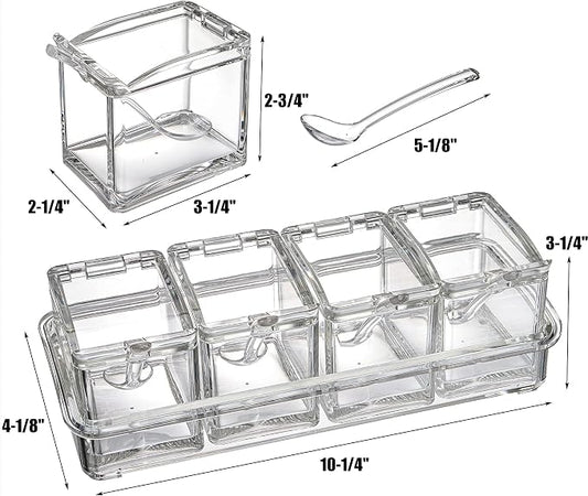 Yesland Clear Seasoning Rack Spice Pots - 4 Piece Storage Container Condiment Jars - Acrylic Seasoning Box, Cruet with Cover and Spoon