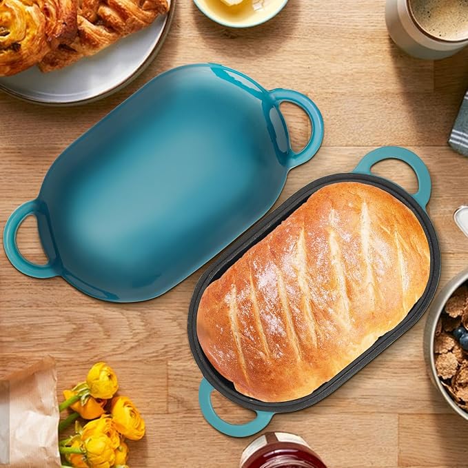 Enameled Cast Iron Oval Dutch Oven Pot with Lid, 5 QT Dutch Oven for Sourdough Bread Baking, Bread Loaf Pan with Lid & Bread Oven (Blue-Green)