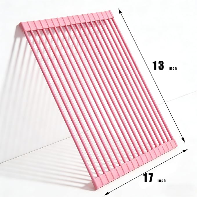 Roll up Dish Drying Rack Over the Sink, Silicone Wrapped Stainless Steel, 17" x 13", Pink, Heat Resistant, Foldable