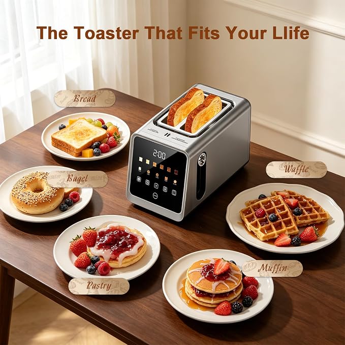 2 Slice Toaster, Smart Digital Touchscreen with Memory Function, 1.5" Extra-Wide Slots, 5 Bread Types & 6 Browning Settings, 900W for Fast Toasting, Defrost & Reheat Modes