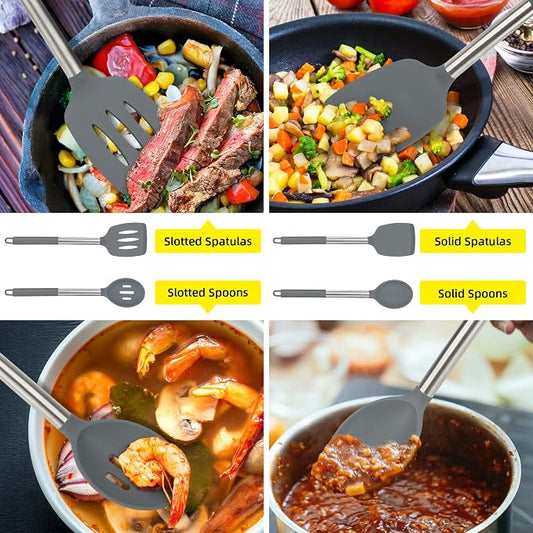 4 Pack Silicone Utensils Set,Non Stick Solid Spatulas, Slotted Spoons with Stainless Steel Handle,Spatulas for Cooking,Frying, Mixing, Serving -Grey
