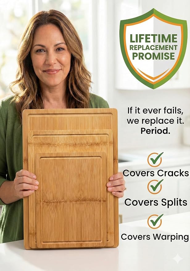 GREENER CHEF Glue-Free Surface Organic Bamboo Wood Cutting Board 3-Piece Set – Non Toxic Cutting Board Set – Lightweight, Heavy Duty Wooden Serving Boards for Charcuterie - Safer Family Meal Prep